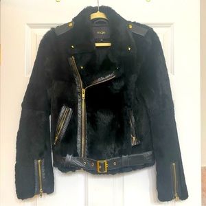 Maje Black 100% Rabbit Fur Motorcycle Jacket with Gold Detail Sz 38 (US Size 6)